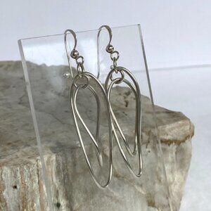Sterling Silver 925 2.23" Elongated Double Twisted Oval Dangle Earrings